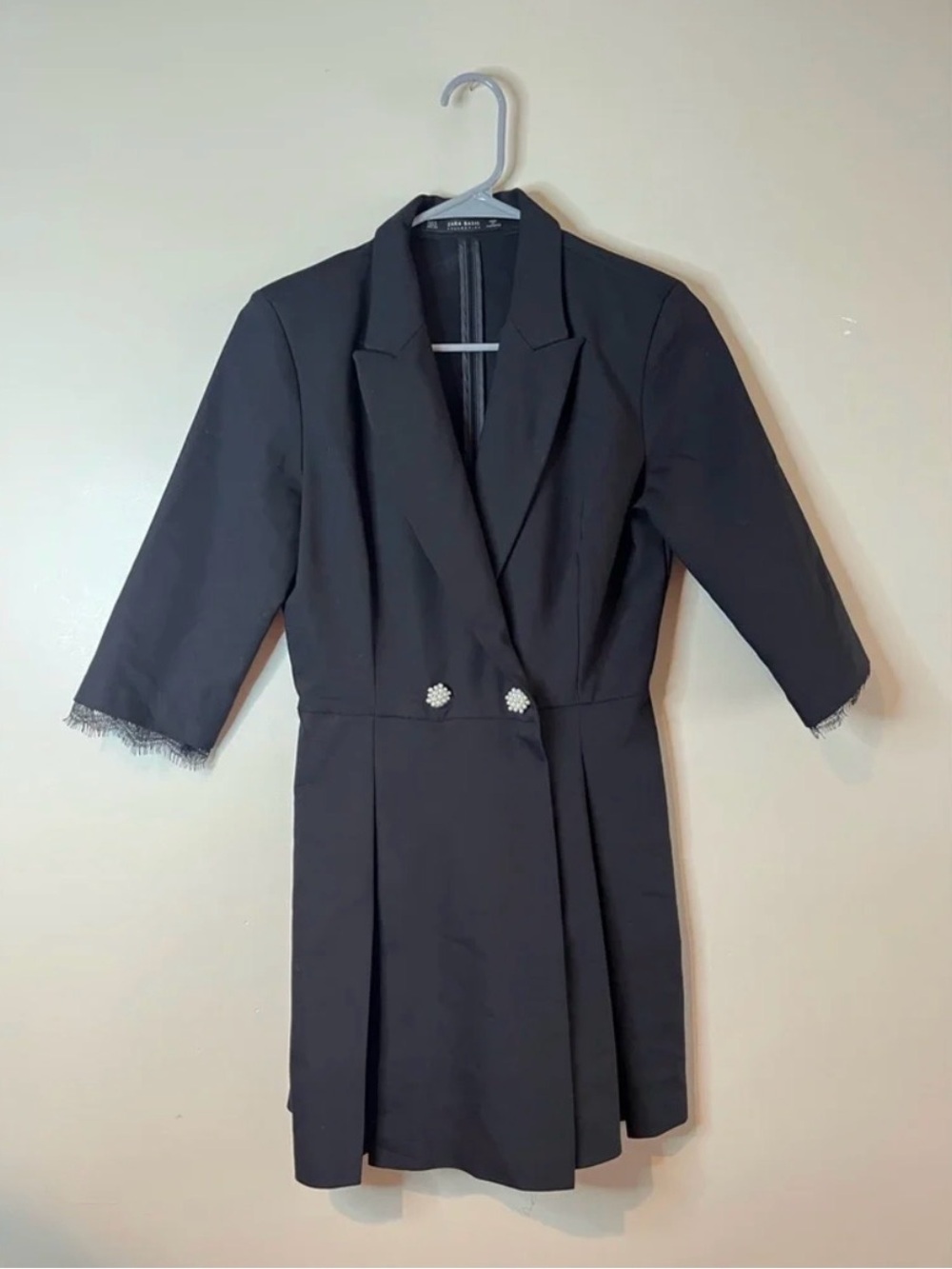 Zara Black Blazer-Style Romper with Pearl Buttons